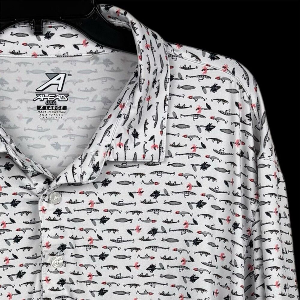 Ahead USA SS polo men’s XL White w/ fishing Lure lightweight stretch Fish Hook